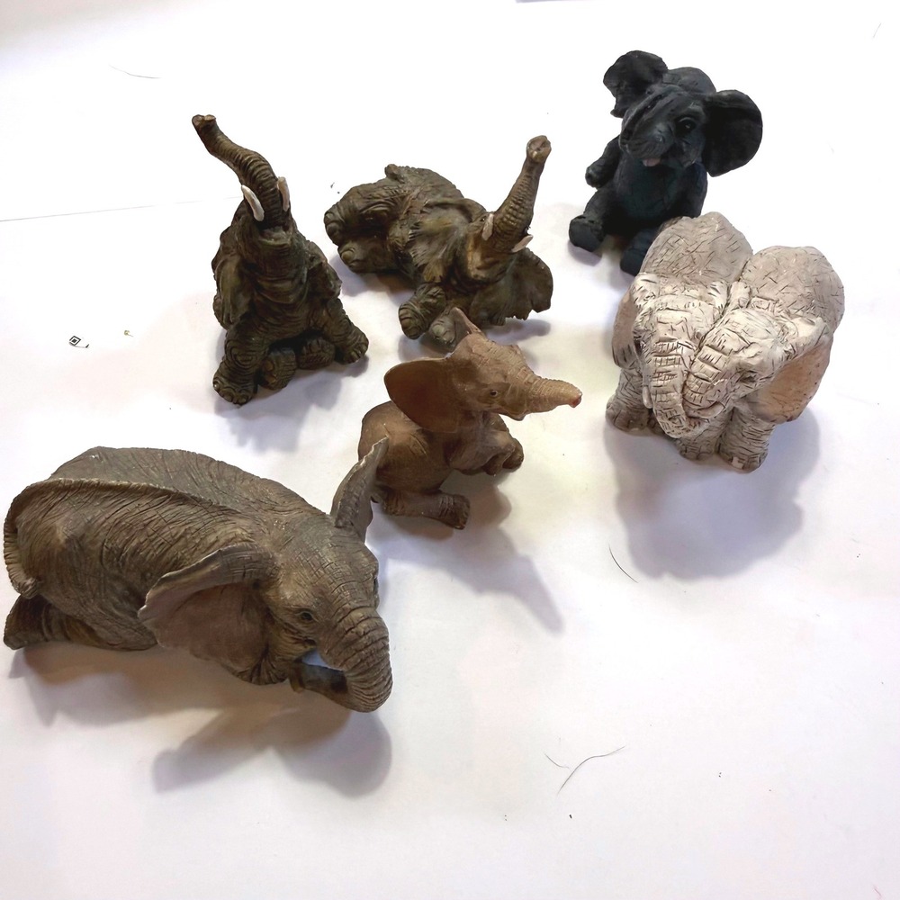 Lot of 6 Elephant Figurines Verity Resin Stone Look Safari Wildlife Decor Mixed